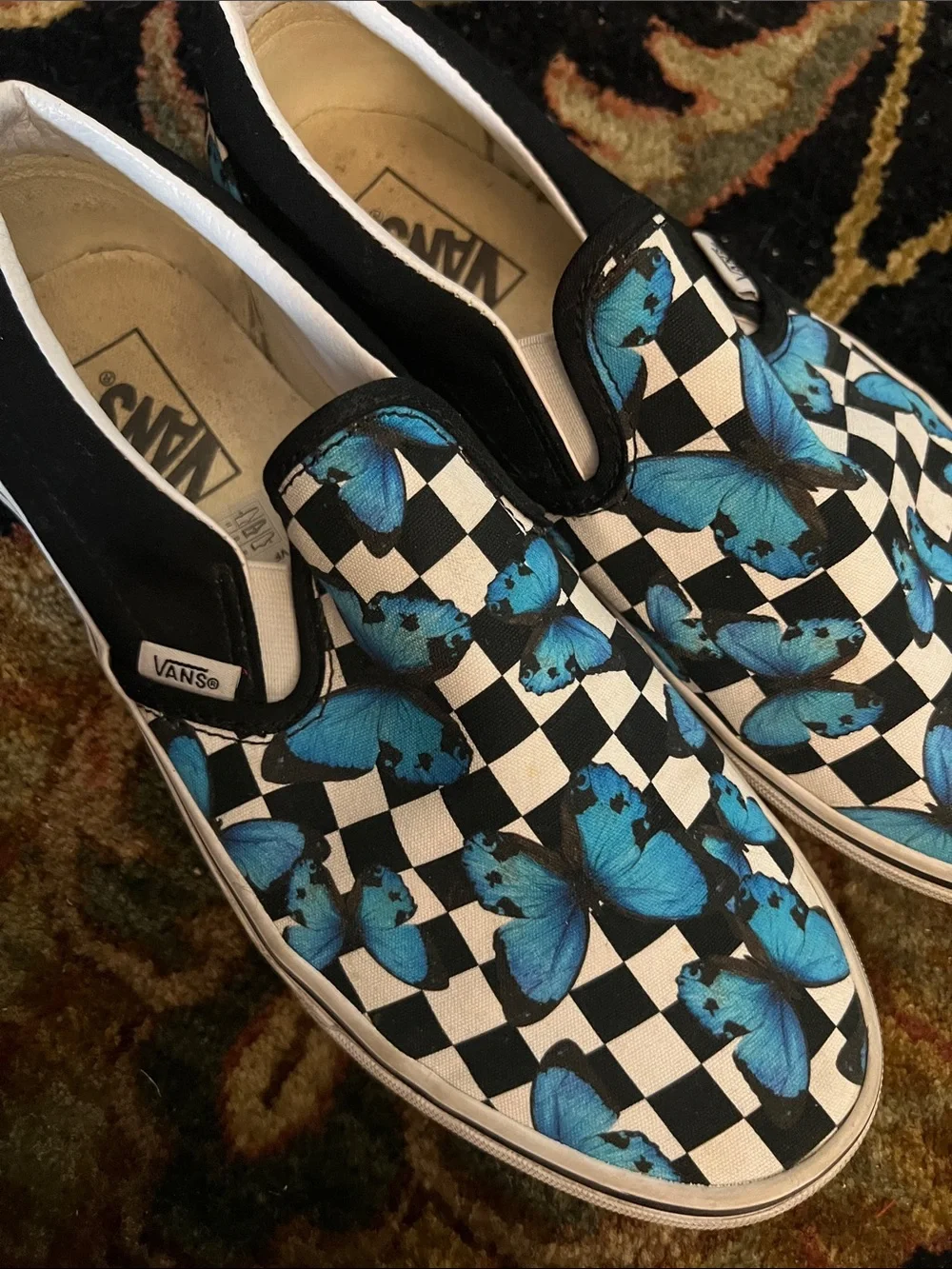 Vans Checkerboard Slip-On with Blue Butterfly Print - Womens 9
